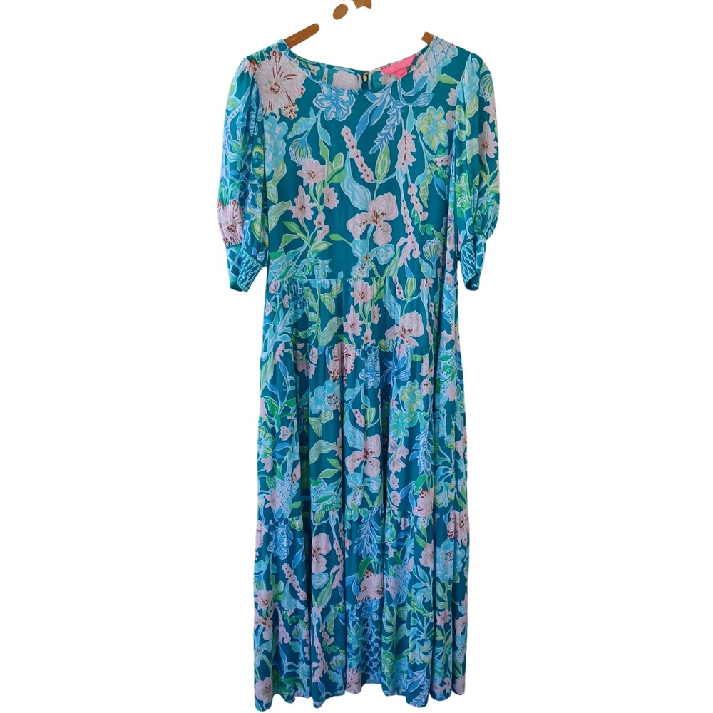 Lilly Pulitzer Teal Floral Tiered Maxi Dress Puff Sleeve Smocked Cuff Size 10 - Picture 3 of 11